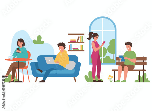 Illustration of a man and a woman using various devices such as smartphones, laptops, tablets, and mobile phones, representing male and female internet users, presented as a flat vector image on a
