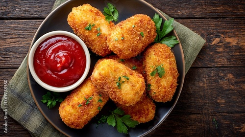A plate of golden chicken croquettes (croquetas de pollo) with a side of ketchup, viewed from directly above. Close-up, vertical composition.
 