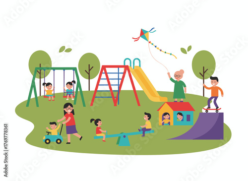 A group of kids playing outdoors on a playground, set against a white background, featuring children walking with kites, dogs, and skateboards in a bright, flat cartoon vector style