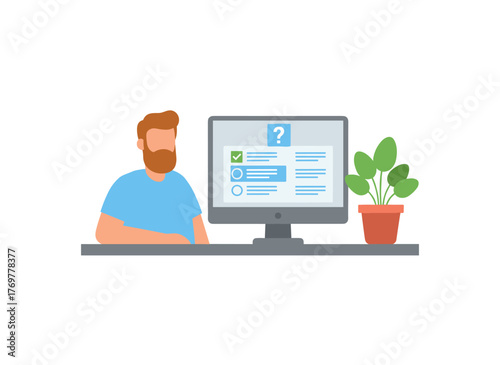 A student selects answers on a computer screen during an online test, checking knowledge via the internet and completing a digital exam or quiz, depicted as a flat vector illustration on a white