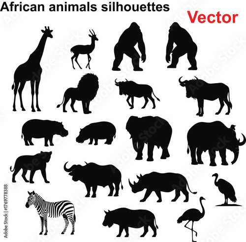 Collection of diverse wild African animals silhouettes majestic creatures captured in striking black outline art