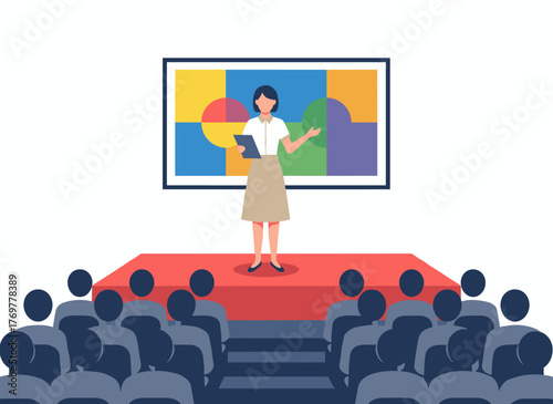 A confident young woman stands on stage, microphone in hand, delivering a successful lecture to an audience at a conference, illustrated as a flat vector