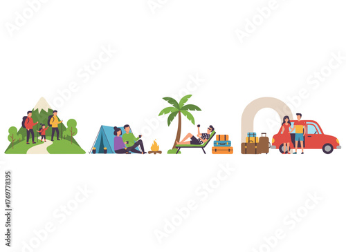 A set of flat vector illustrations depicting tourists on vacation, young travelers as cartoon characters, and concepts of seasonal recreation and adventure trips, such as tropical resorts, camping