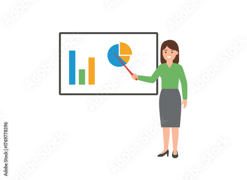 A female presenter uses a pointer to highlight a whiteboard during a business seminar, depicted as a flat vector illustration of a woman at a flipchart