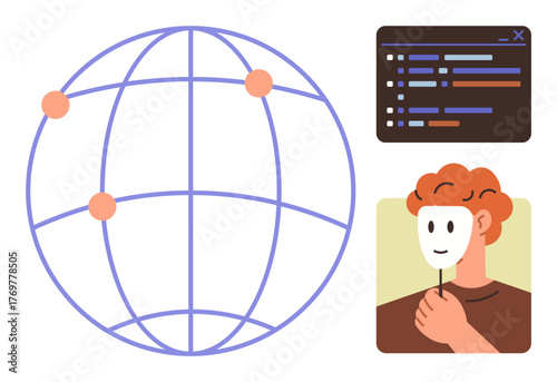 Globe with connected nodes, person holding mask, and coding window emphasize digital connectivity, online security, identity, global data, development, and anonymity in a simple flat metaphor