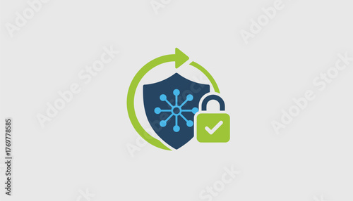 Cybersecurity shield icon showing network data protection and ongoing security updates with a padlock securing information, ensuring privacy and digital integrity, on a transparent background