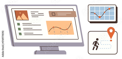Computer monitor displaying data analysis and tracking tools alongside charts and a location map. Ideal for analytics, business, technology, marketing, research, productivity, education, simple flat