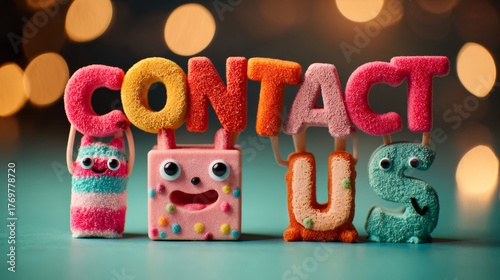An eye-catching arrangement of vibrant, edible-looking characters spelling out 'CONTACT US.