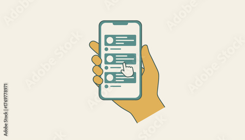 Hand holding a modern smartphone, scrolling through a chat application, selecting a message to open or reply, representing digital communication and online interaction