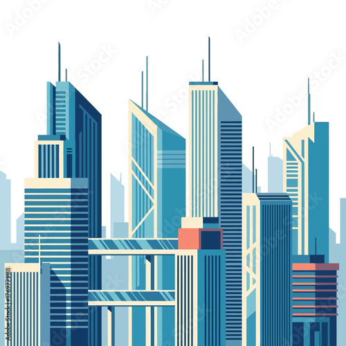 Illustration of a modern cityscape with tall skyscrapers and architectural details under a clear sky.