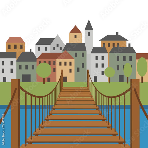 A wooden suspension bridge leads across a blue river to a charming town with colorful buildings.