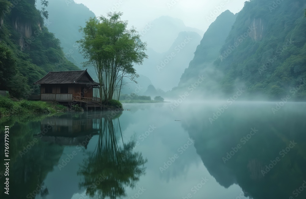 Fototapeta premium Traditional wooden house stands by calm misty lake. Tall bamboo trees grow beside rustic structure. Green mountains covered in fog rise in background. Peaceful early morning landscape perfectly