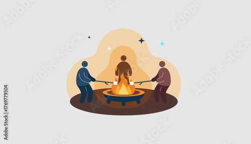 A nighttime fire pit surrounded by friends roasting marshmallows with the soft glow creating a warm inviting atmosphere.