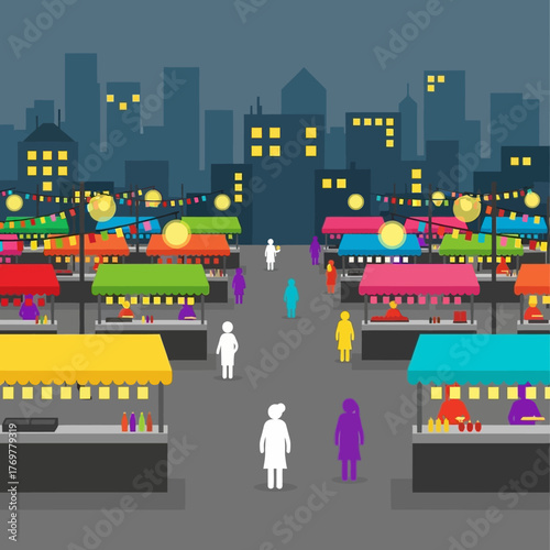 Nighttime illustration of a vibrant outdoor market with colorful stalls and people.