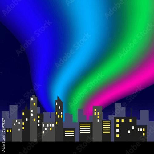 City skyline under aurora borealis, with colorful light display.