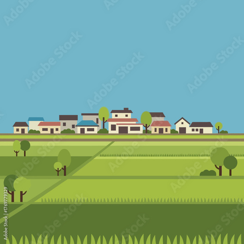 A serene illustration of a rural landscape featuring houses, trees, and fields under a clear blue sky.