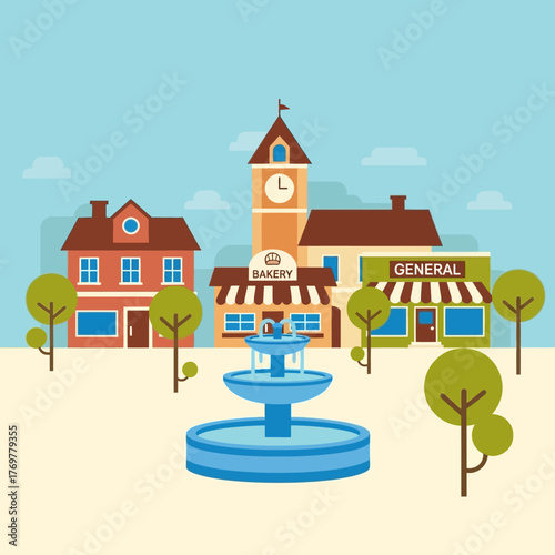 A flat design vector illustration of a small town square with a fountain, clock tower, bakery, and general store.