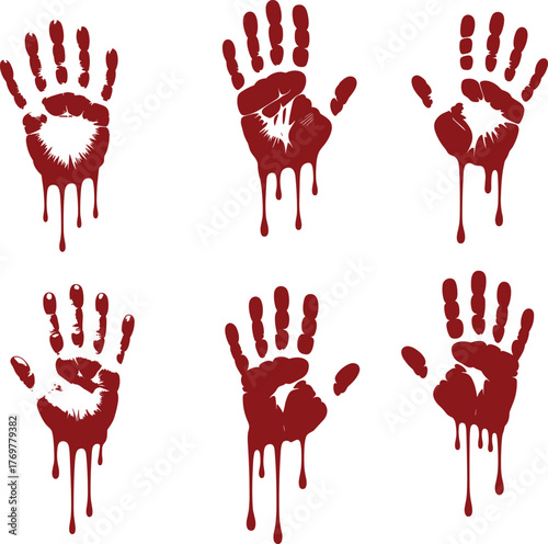 Red handprint vector illustration set, six dripping silhouettes in grid layout, white background for horror, forensic, and dramatic design concepts