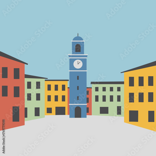 A minimalist illustration of a colorful European town square with a central blue clock tower.