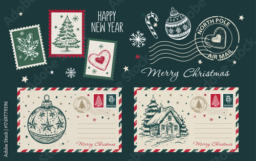 Christmas postcard, card with tree and ball, Festive Stamps Collection, hand drawn illustration.	
