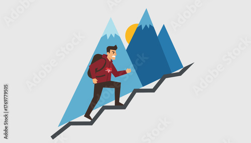 A hiker ascending a steep trail heart racing and determination visible on their face with a backdrop of soaring mountains.