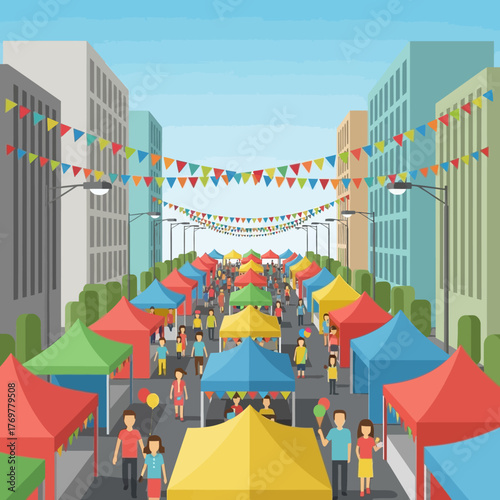 Vector illustration of a bustling city street fair with colorful tents, bunting, and crowds of people.