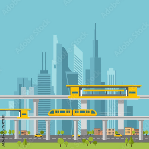 Flat design vector illustration of a modern city with a futuristic monorail train system and skyscrapers.