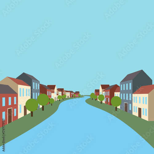 A vector illustration of a quaint town with colorful houses and trees lining a winding river under a clear blue sky.