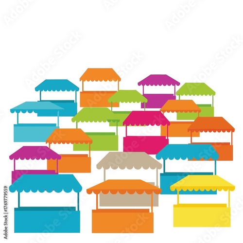 A vibrant and colorful illustration of numerous empty market stalls or vendor booths arranged in a cluster.