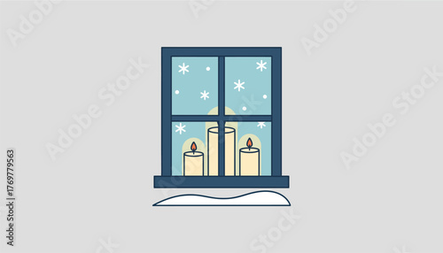 A peaceful night scene of a candlelit window with flickering candles casting a warm glow and snow gently falling outside offering a sense of tranquility.