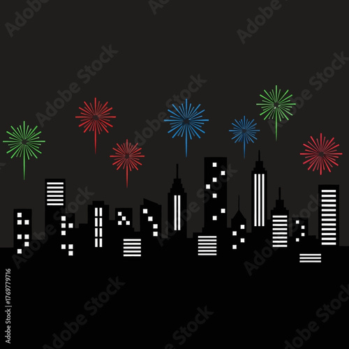 A silhouette of a city skyline at night with colorful fireworks exploding above the buildings.