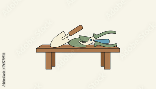 An assortment of garden tools including trowels and pruners resting on a wooden bench ready for the next gardening task.
