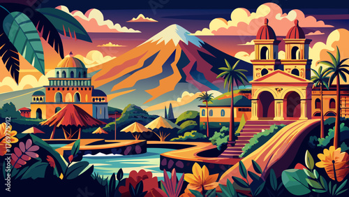 Very beautiful Antigua Guatemala vector travel poster in cinematic minimal landscape art style, featuring colonial architecture, volcanic mountains, and warm tropical colors evoking the city’s timeles
