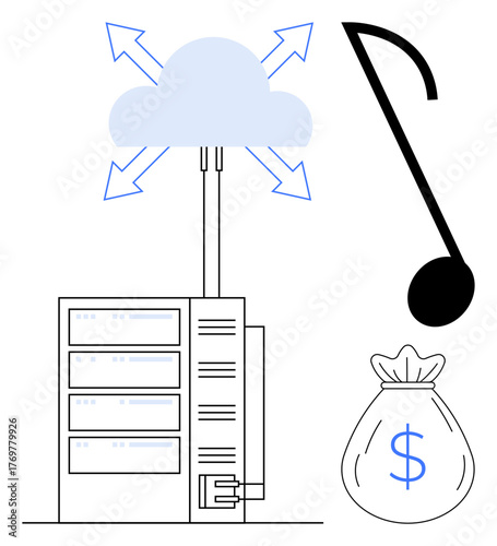 Cloud server with arrows signifies data sharing, alongside a dollar bag for financial theme and a musical note for creativity. Ideal for tech, cloud computing, data, networking, finance, creativity