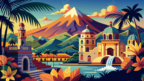 Very beautiful Antigua Guatemala vector travel poster in cinematic minimal landscape art style, featuring colonial architecture, volcanic mountains, and warm tropical colors evoking the city’s 