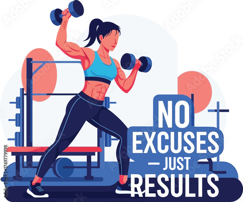 Woman lifting dumbbells with text no excuses just results in gym setting weights fitness