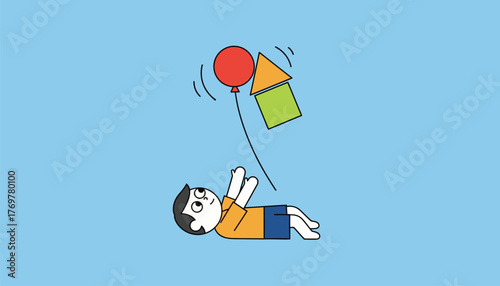 A child gazing up in awe as a brightly colored balloon floats overhead embodying a sense of wonder and adventure.