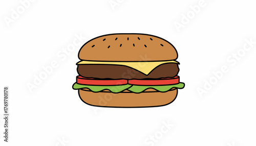 Cartoon cheeseburger illustration featuring a sesame seed bun, juicy patty, melted cheese, fresh tomato, and crisp lettuce, presented on a white background, representing lunch or dinner