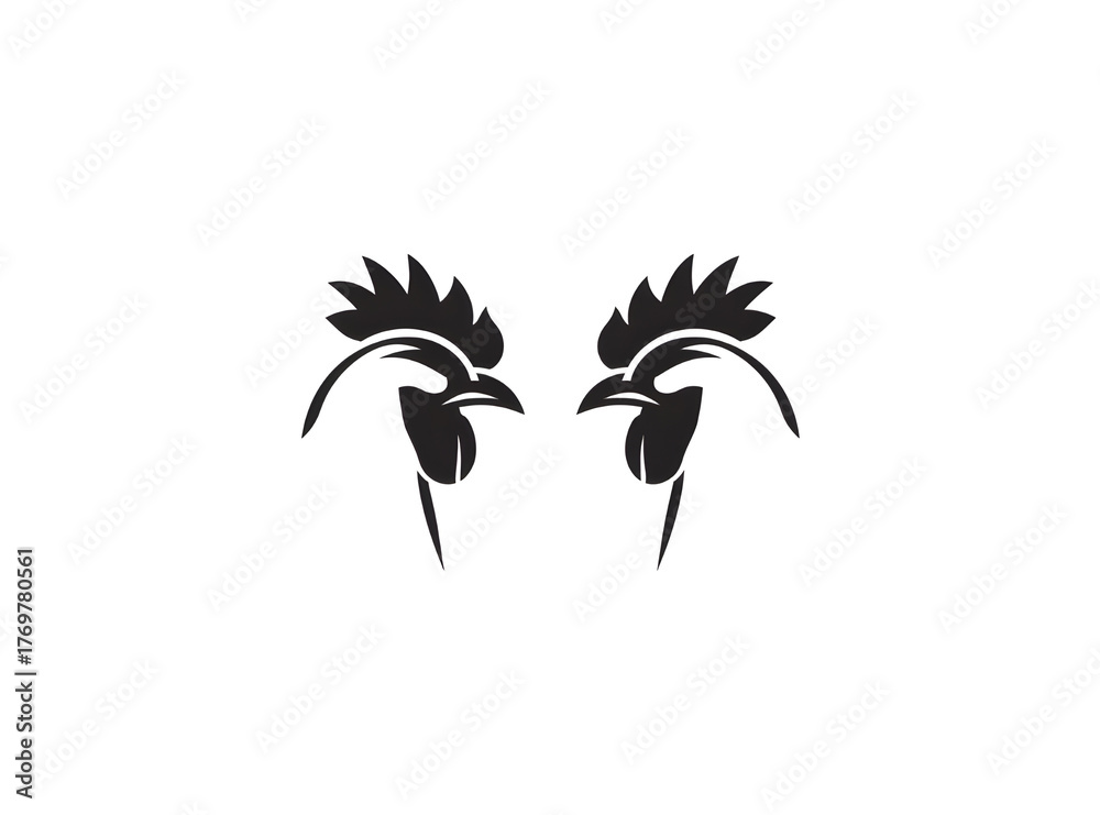 Obraz premium Two black rooster heads facing each other in a striking silhouette isolated on transparent background