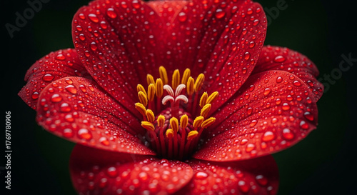 Stunning close-up of a vibrant red flower with glistening dew drops creating a magical, natural beauty that mesmerizes