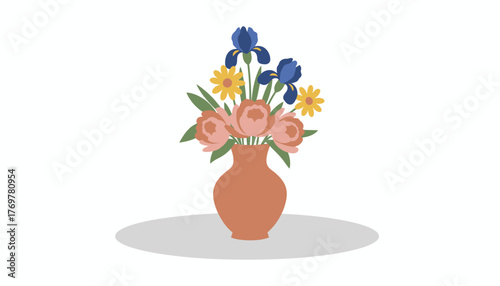 An artisanal ceramic vase filled with seasonal flowers providing a colorful and organic accent on a dining or coffee table.