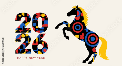 Vibrant 2026 New Year graphic with a stylized geometric horse and mosaic typography. Festive celebration design for modern greeting cards and digital banners