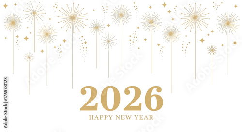 Golden sparkling fireworks and radiant stars illuminate a festive white background, celebrating the arrival of the New Year 2026 with elegance and joy