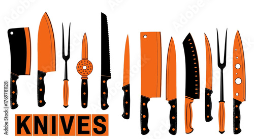 Collection of various kitchen knives and cutlery for culinary use, featuring orange handles and black blades on a white background