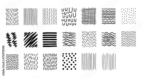 A diverse set of hand-drawn graphic textures and abstract patterns. Collection of minimalist doodles, lines, and shapes for creative projects