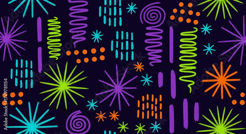 Vibrant Abstract Background with Colorful Geometric Shapes and Swirls on Dark Canvas