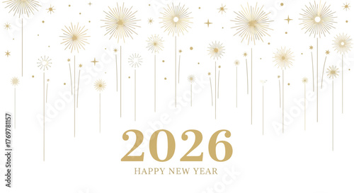 Golden Fireworks and the New Year 2026 Celebration on White Background