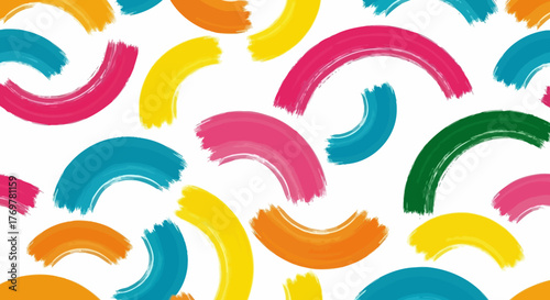 Seamless pattern with bright colorful brush strokes forming arcs on a white background. Abstract artistic wallpaper design for modern creative projects