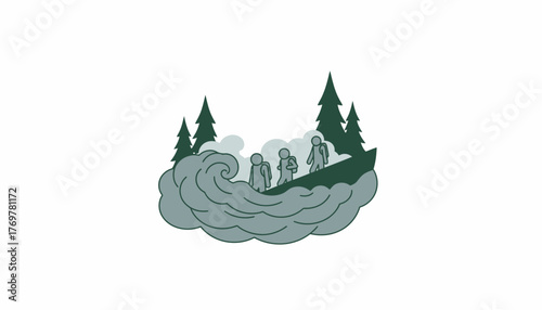 A foggy morning scene where hikers are emerging from the mist lending an air of mystery to the journey.