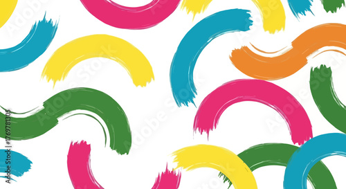 Vibrant and dynamic abstract background featuring playful, curved brushstrokes in a cheerful spectrum of colors, perfect for modern graphic design projects, digital art, and creative presentations